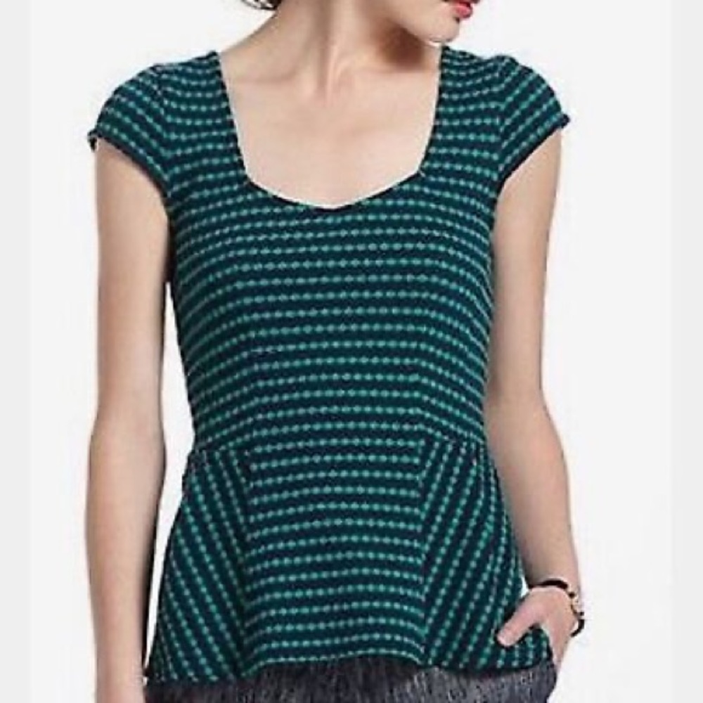 Anthropologie Green and Navy Cap Sleeve Striped Peplum Top Small